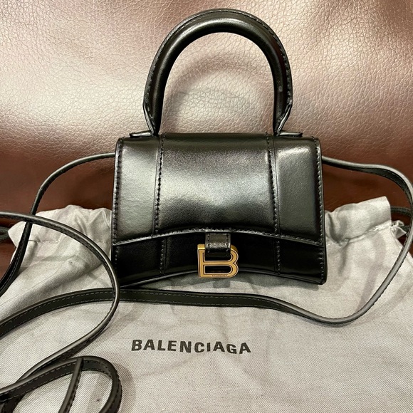 Balenciaga Handbags - Balenciaga Hourglass Mini top handle shining calfskin black Leather handbag tote